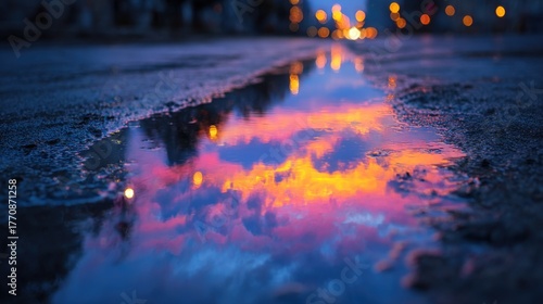 Wallpaper Mural Clouds reflected in a puddle during twilight in an urban area with city lights Torontodigital.ca