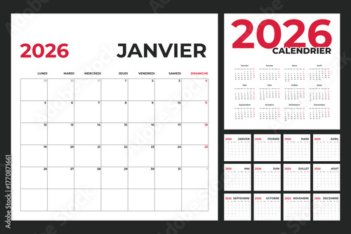 French Calendar Template for 2026 Year with Monday Start