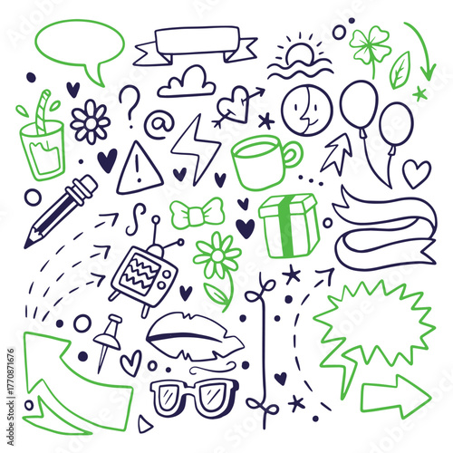 Fun doodle icon set with speech bubbles, banners, coffee mug, gift box, arrows, hearts, TV, balloons, sun, moon, and nature elements ideal for creative projects, journals, and playful designs