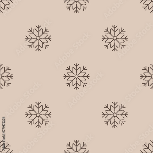Seamless Christmas pattern. Grunge grainy snowflake texture. Festive endless vintage print. New Years flat vector. For textile, wallpaper, wrapping design. Dark snowflakes on beige background.