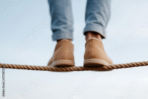 A person walking on a rope. Wearing casual shoes and jeans, they maintain balance against a light blue sky. Represents challenges, balance, and the journey of life.