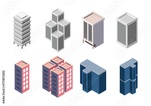 Isometric commercial and residential building. Modern architecture. Smart isometric building game assets. Business center building 3d render illustration with windows. Simple icon white colors. 