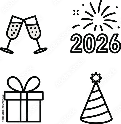 Minimalist New Year 2026 vector icons set with fireworks, champagne, calendar, and gift box outline