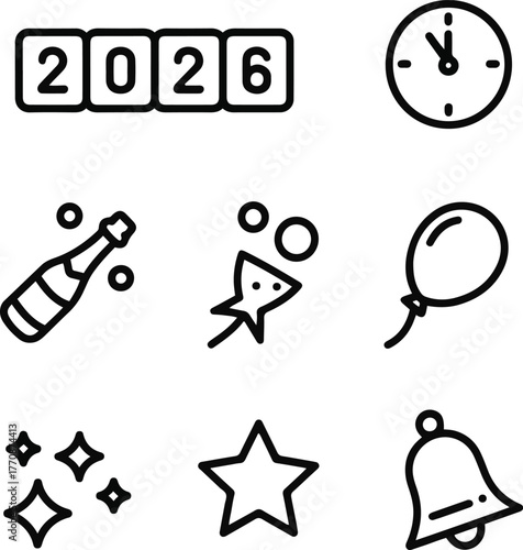 New Year 2026 icon collection with clock, champagne, balloon, and star decorations in line art style