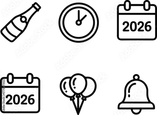 Minimal line icon set of New Year 2026 celebration with champagne, balloons, bell, clock, and calendar