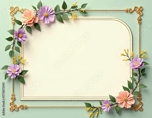 A graceful golden frame highlights beautiful pastel paper flowers and green leaves, forming an inviting decorative border on a light green background.