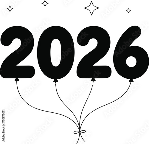 New Year 2026 balloon typography vector illustration with stars and festive decorations