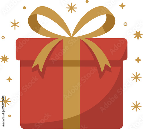 Red gift box with golden ribbon and sparkles festive vector illustration for Christmas or New Year