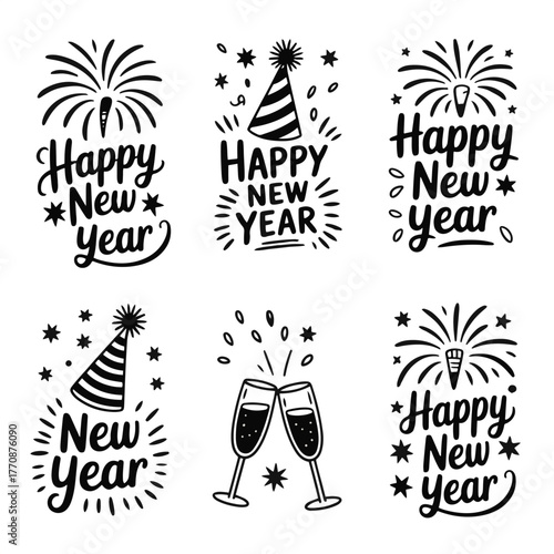 Happy New Year typography card set with fireworks, party hat, champagne glasses, and festive design