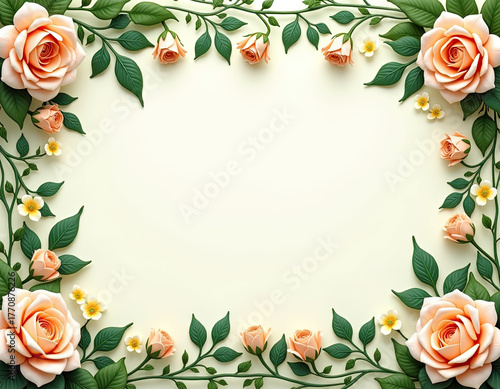 Delicate stylized peach roses and lush green foliage create a beautiful botanical border frame, adorning a soft cream background with ample copy space.