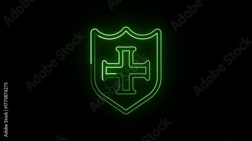 Glowing neon line templar knight with cross shield. Medieval templar icon animation HD video isolated on black background.