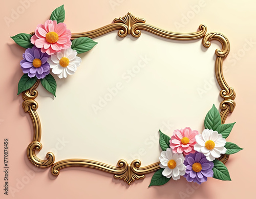 An ornate gold frame displays a blank space, adorned with delicate pink, purple, and white flowers and green leaves on a soft peach background.