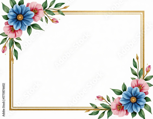 Beautiful watercolor pink and blue flowers adorn a golden border frame, creating elegant corner decorations perfect for wedding invitations and greeting cards.
