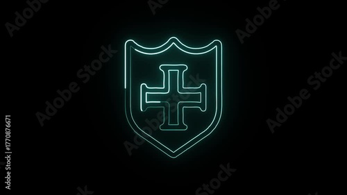 Glowing neon line templar knight with cross shield. Medieval templar icon animation HD video isolated on black background.