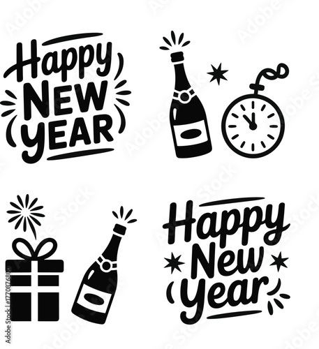 Happy New Year 2026 black vector icons set with champagne, fireworks, clock, and gift box
