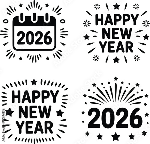 Happy New Year 2026 black icons set with fireworks, stars, and festive typography design
