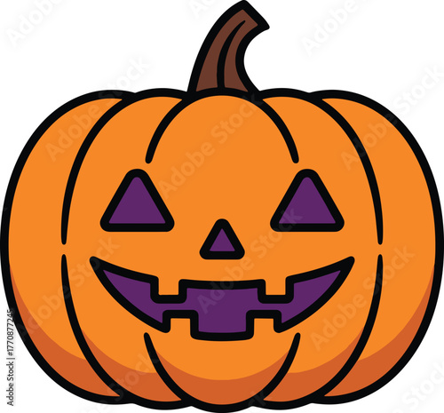 Cute Halloween pumpkin face in flat vector style with clean outlines, solid colors