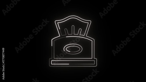 Glowing neon line tissue box with moving paper animation. Hygiene and cleaning icon HD video isolated on black background.