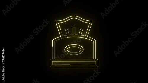Glowing neon line tissue box with moving paper animation. Hygiene and cleaning icon HD video isolated on black background.