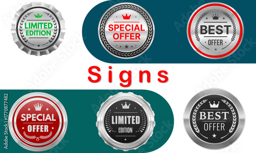 Lustrous metallic promotional badges for marketing excellence, a curated set of special offer and limited edition sale seals with crown accents
