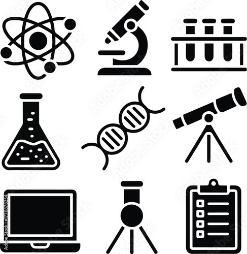 Science education solid icon set with atom, microscope, DNA, telescope, and laboratory tools, flat black vector style