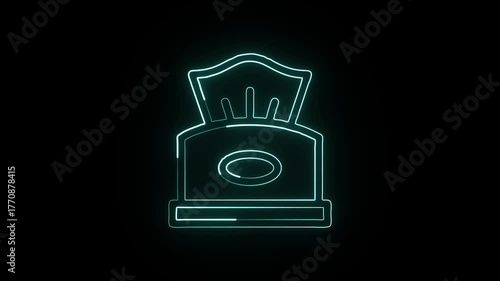 Glowing neon line tissue box with moving paper animation. Hygiene and cleaning icon HD video isolated on black background.