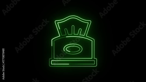 Glowing neon line tissue box with moving paper animation. Hygiene and cleaning icon HD video isolated on black background.