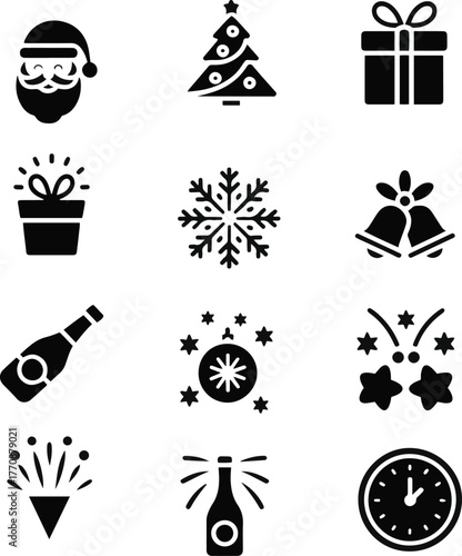 Christmas celebration solid icons set with santa, tree, gift, snowflake, bells, champagne, fireworks, and clock vector