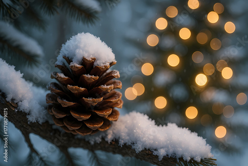 Snowy Pinecone with Christmas Tree Lights in Background