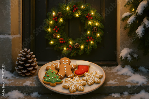Gingerbread Cookies and Pinecone at Christmas Door