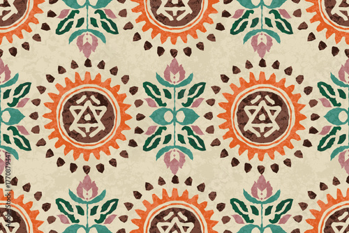 Bohemian Floral Geometric Seamless Pattern in Earth Tones. Features hand-drawn sunbursts and floral motifs with ethnic tribal elements. Perfect for fabric, wallpaper, textile design, wrapping paper