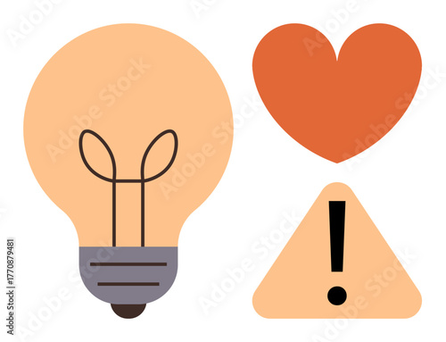 Lightbulb symbolizing ideas, heart representing passion, and triangular warning sign with exclamation for caution. Ideal for innovation, emotions, safety, balance, mindfulness, solutions
