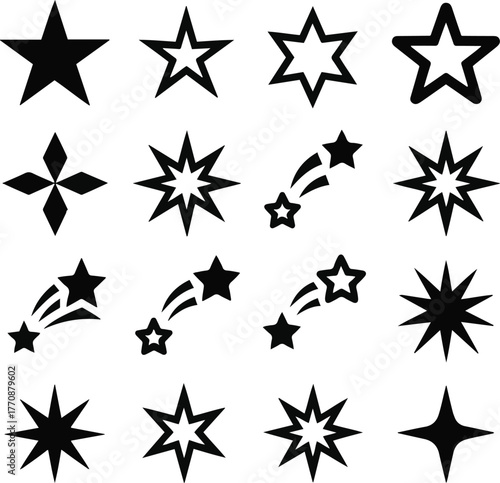 Star shapes solid icon set with different geometric variations including shooting stars and sparkles, minimal black vector illustration