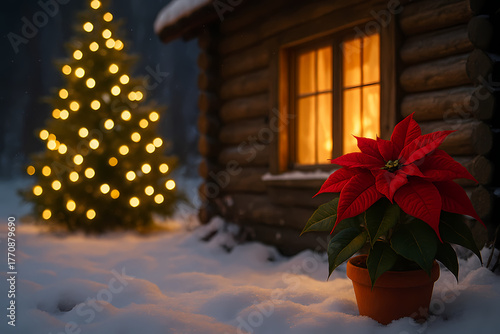 Poinsettia Plant by Christmas Tree