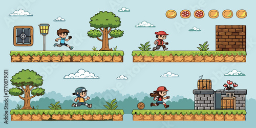 2D Game Level Design Sprite Sheet – Platformer Game Assets Pack, Pixel Art Tileset, Background Elements, Characters, and Objects for Indie Game Developers and Animation Projects