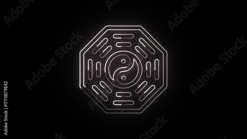 Glowing neon line Yin Yang symbol with smooth rotation. Balance philosophy animation HD video isolated on black background.