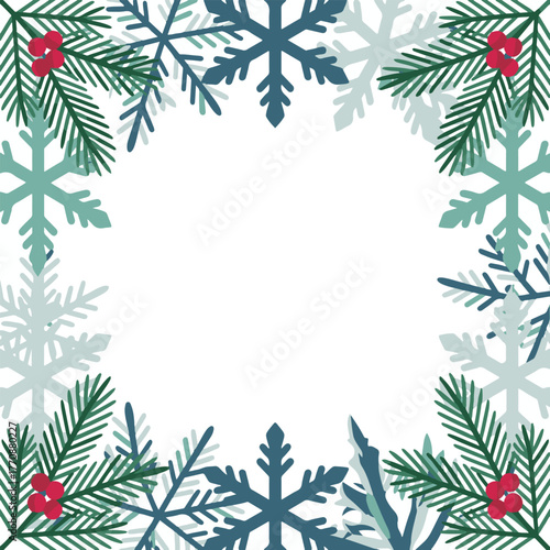 Christmas snowflake border with pine branches and red berries, festive winter frame vector illustration