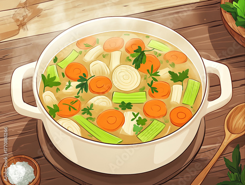 Vegetable soup simmering in a pot with fresh herbs and veggies  