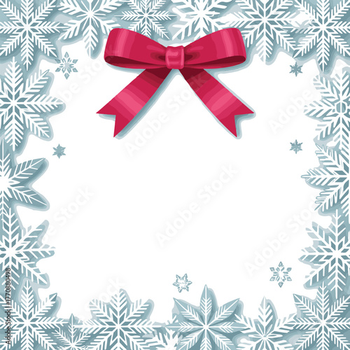 Snowflake frame with red ribbon bow on white background, elegant Christmas border vector illustration