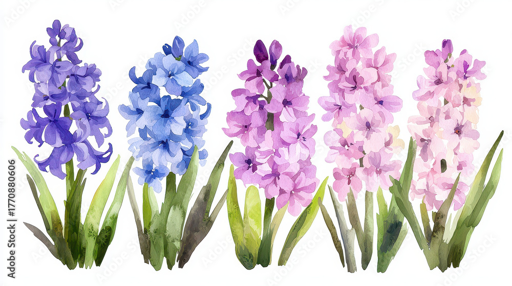 Obraz premium Watercolor botanical illustration featuring vibrant hyacinth flowers in shades of blue and pink, evoking sense of spring beauty and freshness