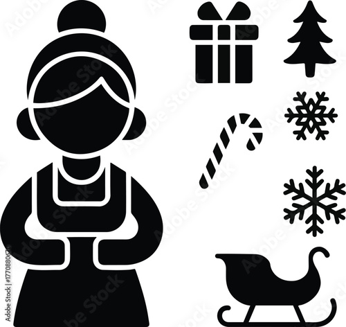 Mrs. Claus solid icon with Christmas symbols including gift box, tree, candy cane, snowflakes, and sleigh vector