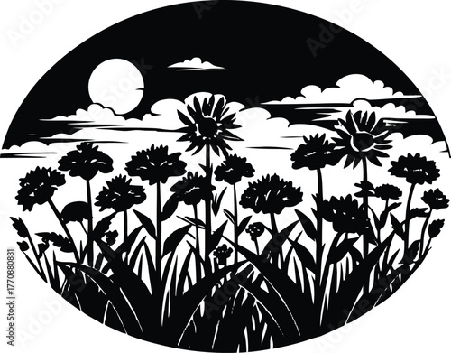 Blooming Plains Under Misty Sky Silhouette | Serene Blooming Plains Landscape