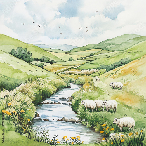 Serene landscape featuring rolling green hills, gentle stream, and grazing sheep surrounded by wildflowers. scene evokes tranquility and natural