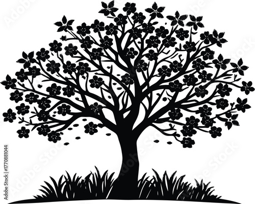 Blooming Tree by Meadow Silhouette | Lone Tree in Peaceful Blooming Meadow