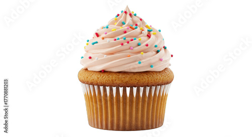 Delicious Cupcake with Pink Frosting and Colorful Sprinkles, Isolated on Transparent Background