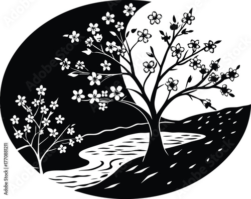 Blossoms Near Gentle Brook Silhouette | Serene Brook with Spring Flowers