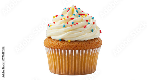 Cupcake with vanilla frosting and colorful sprinkles, isolated on a Transparent Background
