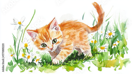 Playful orange kitten explores vibrant green meadow filled with daisies and wildflowers, evoking sense of joy and curiosity