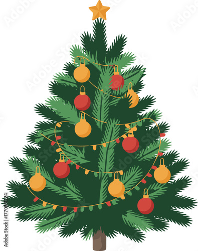 Realistic Christmas tree decorated with red and gold ornaments and string lights on white background, festive vector illustration