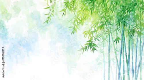 Serene watercolor landscape featuring lush green bamboo against soft blue background, evoking tranquility and nature beauty